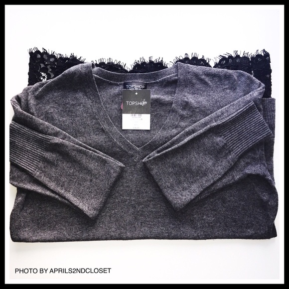 TOPSHOP GREY BLACK LACE V-NECK TUNIC SWEATER - Picture 6 of 8